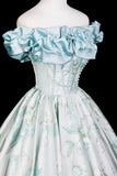 Elegant Blue Pearl Printing Long Prom Dress, A-Line Off the Shoulder Party Dress HZ0429