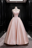 Pink Satin Spaghetti Strap Long Prom Dress, Beautiful A-Line Evening Dress with Bow HZ0429