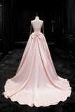 Pink Satin Spaghetti Strap Long Prom Dress, Beautiful A-Line Evening Dress with Bow HZ0429