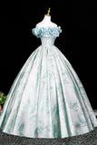Elegant Blue Pearl Printing Long Prom Dress, A-Line Off the Shoulder Party Dress HZ0429