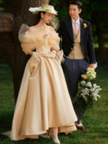 French Champagne Satin Corset Long Prom Dress, Off the Shoulder Evening Party Dress HZ0429