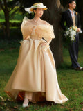 French Champagne Satin Corset Long Prom Dress, Off the Shoulder Evening Party Dress HZ0429