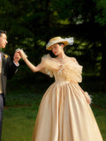 French Champagne Satin Corset Long Prom Dress, Off the Shoulder Evening Party Dress HZ0429