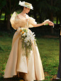 French Champagne Satin Corset Long Prom Dress, Off the Shoulder Evening Party Dress HZ0429