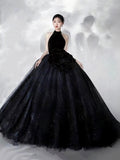 Black Halter Shiny Tulle Long Ball Gown, Black A-Line Backless Formal Dress HZ0429
