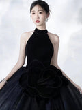 Black Halter Shiny Tulle Long Ball Gown, Black A-Line Backless Formal Dress HZ0429