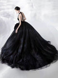 Black Halter Shiny Tulle Long Ball Gown, Black A-Line Backless Formal Dress HZ0429