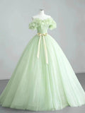 A-Line Sage Green Tulle Long Prom Dress, Beautiful Off the Shoulder Evening Party Dress HZ0429