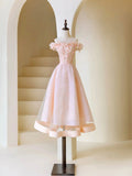 Pink Tulle Beaded Tea Length Prom Dress, Pink A-Line Off Shoulder Party Dress HZ0429