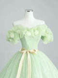 A-Line Sage Green Tulle Long Prom Dress, Beautiful Off the Shoulder Evening Party Dress HZ0429