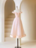 Pink Tulle Beaded Tea Length Prom Dress, Pink A-Line Off Shoulder Party Dress HZ0429