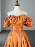 Orange Floor Length Satin Long Prom Dress, Off the Shoulder Evening Party Dress HZ0429