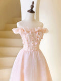 Pink Tulle Beaded Tea Length Prom Dress, Pink A-Line Off Shoulder Party Dress HZ0429