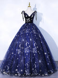 Navy Blue Tulle Long Prom Dress, Spaghetti Straps Lace Flower Backless Evening Dress HZ0429