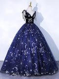 Navy Blue Tulle Long Prom Dress, Spaghetti Straps Lace Flower Backless Evening Dress HZ0429