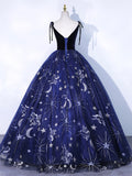 Navy Blue Tulle Long Prom Dress, Spaghetti Straps Lace Flower Backless Evening Dress HZ0429