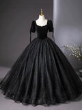 Black Velvet and Tulle Floor Length Formal Dress, Black Short Sleeve Evening Party Dress HZ0429