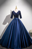 Navy Satin Sequins Long Prom Dress, Elegant V-Neck Evening Party Dress HZ0429