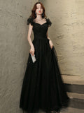 Black Tulle Beaded Long Prom Dress, Short Sleeve Evening Party Dress HZ0429