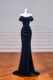 Navy Velvet Long Prom Dress, Mermaid Off the Shoulder Party Dress HZ0429