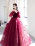 Beautiful V-Neck Velvet Tulle Long Prom Dress, Burgundy Spaghetti Strap Evening Party Dress HZ0429