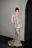 Mermaid Sequins Long Prom Dress, Champagne Backless Evening Party Dress HZ0429