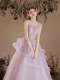 Beautiful Light Purple Tulle Long Prom Dress, Purple A-Line Straps Evening Formal Dress HZ0429