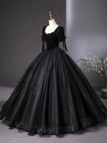 Black Velvet and Tulle Floor Length Formal Dress, Black Short Sleeve Evening Party Dress HZ0429