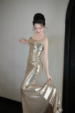 Mermaid Sequins Long Prom Dress, Champagne Backless Evening Party Dress HZ0429
