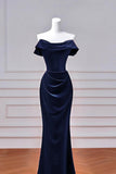 Navy Velvet Long Prom Dress, Mermaid Off the Shoulder Party Dress HZ0429
