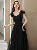 Black Tulle Beaded Long Prom Dress, Short Sleeve Evening Party Dress HZ0429