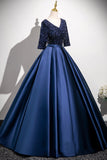 Navy Satin Sequins Long Prom Dress, Elegant V-Neck Evening Party Dress HZ0429