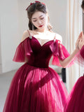Beautiful V-Neck Velvet Tulle Long Prom Dress, Burgundy Spaghetti Strap Evening Party Dress HZ0429