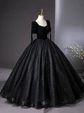 Black Velvet and Tulle Floor Length Formal Dress, Black Short Sleeve Evening Party Dress HZ0429