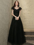 Black Tulle Beaded Long Prom Dress, Short Sleeve Evening Party Dress HZ0429