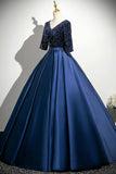 Navy Satin Sequins Long Prom Dress, Elegant V-Neck Evening Party Dress HZ0429