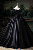 Black Satin Floor Length Prom Dress, Black Off the Shoulder Party Dress HZ0429