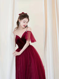 Beautiful V-Neck Velvet Tulle Long Prom Dress, Burgundy Spaghetti Strap Evening Party Dress HZ0429