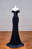 Navy Velvet Long Prom Dress, Mermaid Off the Shoulder Party Dress HZ0429