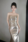 Mermaid Sequins Long Prom Dress, Champagne Backless Evening Party Dress HZ0429
