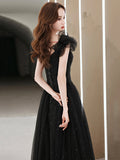 Black Tulle Beaded Long Prom Dress, Short Sleeve Evening Party Dress HZ0429