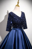 Navy Satin Sequins Long Prom Dress, Elegant V-Neck Evening Party Dress HZ0429