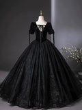 Black Velvet and Tulle Floor Length Formal Dress, Black Short Sleeve Evening Party Dress HZ0429