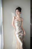 Mermaid Sequins Long Prom Dress, Champagne Backless Evening Party Dress HZ0429