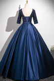 Navy Satin Sequins Long Prom Dress, Elegant V-Neck Evening Party Dress HZ0429