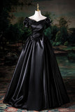 Black Satin Floor Length Prom Dress, Black Off the Shoulder Party Dress HZ0429