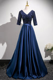 Navy Satin Sequins Long Prom Dress, Elegant V-Neck Evening Party Dress HZ0429