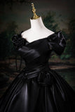 Black Satin Floor Length Prom Dress, Black Off the Shoulder Party Dress HZ0429