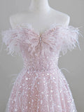Sparkling Tulle Sequin Long Prom Dress, Off the Shoulder Pink Evening Party Dress HZ0429