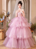 Pink Tulle Layers Long Prom Dress, Beautiful A-Line Strapless Evening Party Dress HZ0429